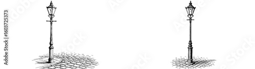 Old street lamp posts illustration. Vintage city lighting with cobblestone. Black and white line drawing, urban design, classic, streetlight, antique, historic, nostalgia.