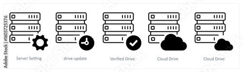 A set of 5 mix icons as server setting, drive update, verified drive