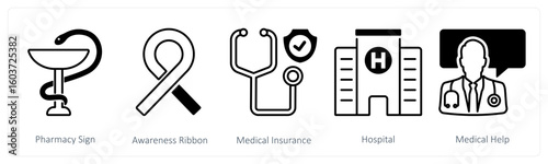 A set of 5 mix icons as pharmacy sign, awareness ribbon, medical insurance