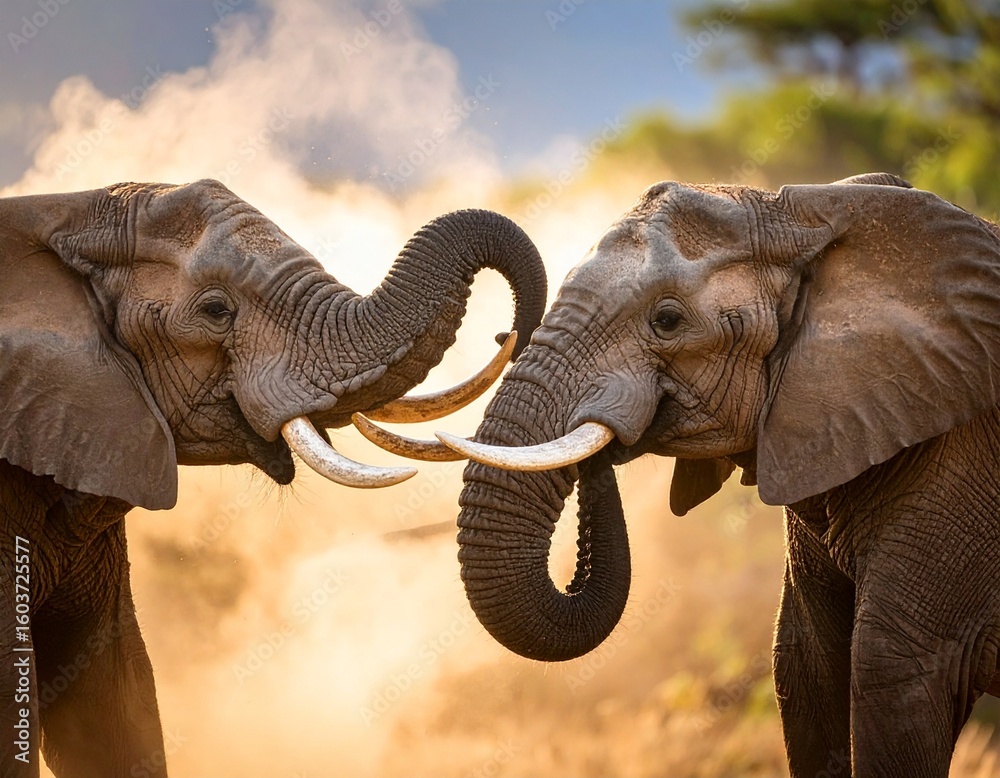 Fototapeta premium Elephants Playfully Locking Tusks