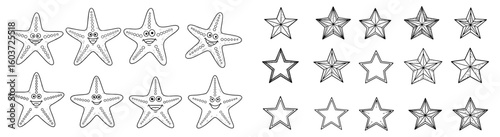 Starfish and stars designs illustration. Sea life, marine animal, heavenly body, shape, fantasy, decoration, ocean life, pattern, design, nautical.