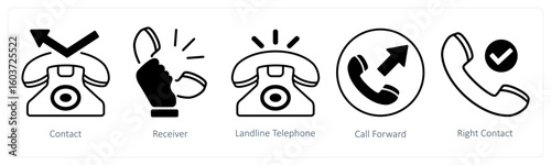 A set of 5 mix icons as contact, receiver, landline telephone