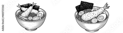 Bowls of ramen with shrimp tempura. Noodle soup, Japanese cuisine, Asian food, traditional dish, gourmet, delicious, meal, nourishment, dining, gastronomy.