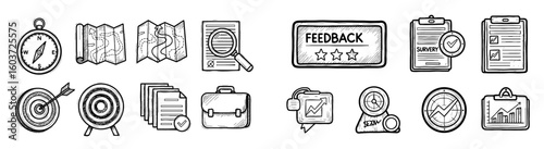 Various doodles illustrate business planning concepts. Strategy, research, feedback, success, target, survey, analysis, growth.