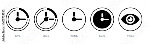 A set of 5 mix icons as time, clock, watch