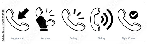 A set of 5 mix icons as receive call, receiver, calling