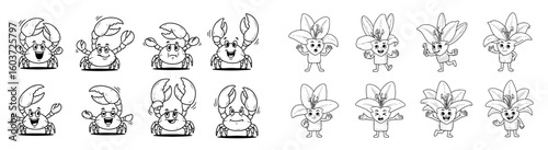 Cartoon crabs and flowers pose with expressions. Mascot characters, cute, sea, marine life, plants, blossom, kawaii, happy, vector art