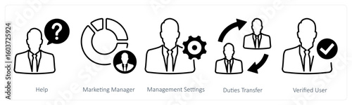 A set of 5 mix icons as help, marketing management, management settings