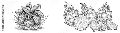 Fruit illustration of strawberries and dragon fruit. Fresh, exotic, summer, sweet, organic, vegan, healthy.