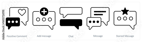 A set of 5 mix icons as positive comment, add message, chat