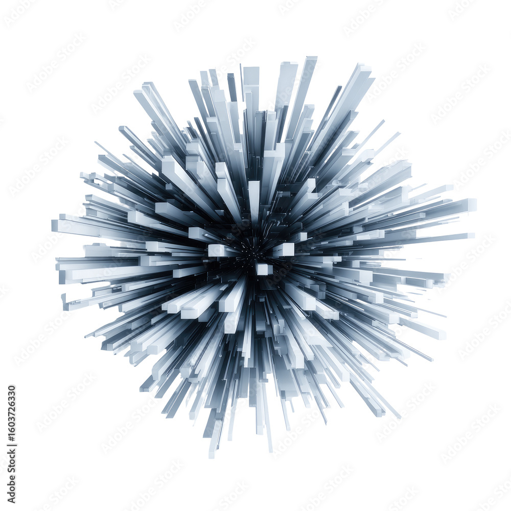 Obraz premium Abstract radial design of many slender, light gray, geometric shapes radiating from a central point