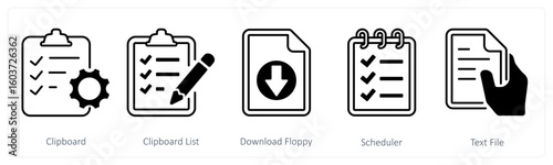 A set of 5 mix icons as clipboard, clipboard list, download floppy