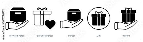 A set of 5 mix icons as forward parcel, favorite parcel, parcel
