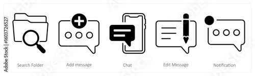 A set of 5 mix icons as search folder, add message, chat
