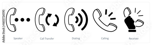 A set of 5 mix icons as speaker, call transfer, dialing
