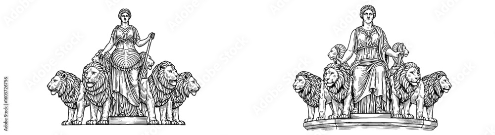 Woman stands with lions, a regal pose. Strong woman with a shield. Power, strength, regal, majestic, confident, leader, goddess, historical, illustration, vintage Woman stands with lions, a regal pose. Strong woman with a shield. Power, strength, regal, majestic, confident, leader, goddess, historical, illustration, vintage