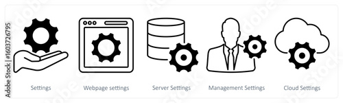 A set of 5 mix icons as settings, webpage settings, server settings