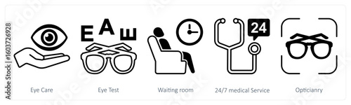 A set of 5 mix icons as eye care, eye test, waiting room