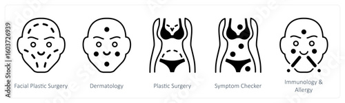 A set of 5 mix icons as facial plastic surgery, dermatology, plastic surgery