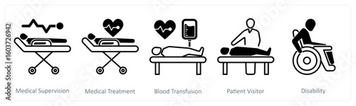 A set of 5 mix icons as medical supervision, medical treatment, blood transfusion