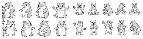 Cute wombat and bear cartoon line art. Illustration of friendly animals, happy character, animal vector, drawing, cute, funny, graphic, pattern, wildlife