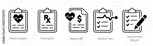 A set of 5 mix icons as medical report, prescription, medical bill