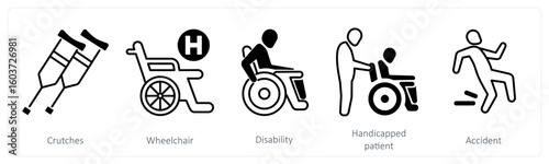 A set of 5 mix icons as crutches, wheel chair, disability