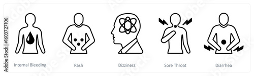 A set of 5 mix icons as internal bleeding, rash, dizziness