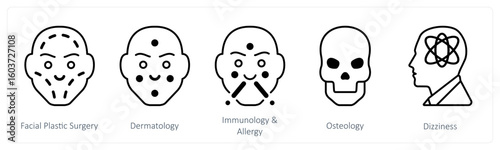 A set of 5 mix icons as facial plastic surgery, dermatology, immunology and allergy