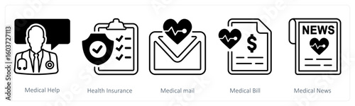 A set of 5 mix icons as medical help, health insurance, medical mail