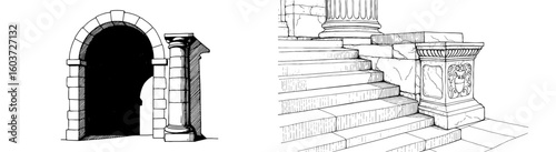 Architectural illustrations show classical columns and steps. Design, architecture, classic, column, stone, building, ancient, history, vintage, decorative, exterior