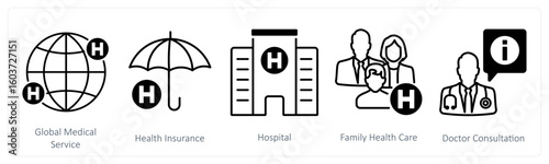 A set of 5 mix icons as global medical service, health insurance, hospital