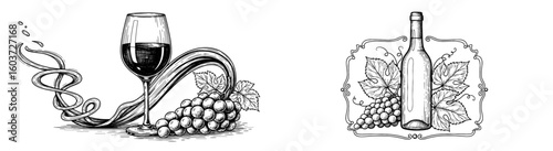 Wine glass and bottle art with grapes. Vintage drink, alcohol, winery, luxury, hand-drawn illustration.