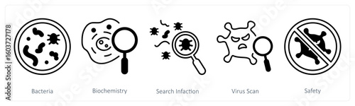 A set of 5 mix icons as bacteria, biochemistry, search infection