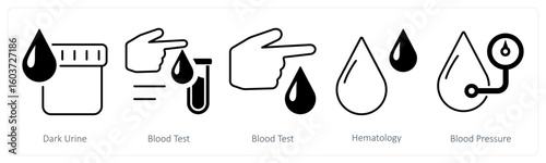 A set of 5 mix icons as dark urine, blood test, hematology