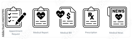 A set of 5 mix icons as appointment request, medical report, medical bill