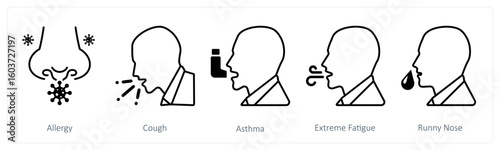 A set of 5 mix icons as allergy, cough, asthma