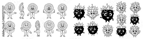 Cartoon sunflowers and raspberries wearing business suits. Fruit, characters, illustration, drawing, berry, food, happy, cute.