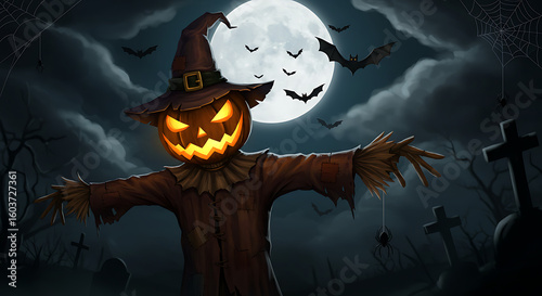 Spooky Halloween illustration of a menacing cartoon scarecrow with a glowing pumpkin head in a dark graveyard under a full moon.