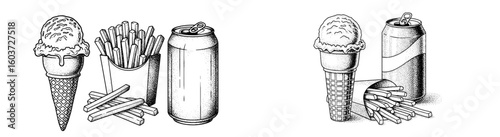 Drawn fast food meal arrangement: ice cream, fries, soda cans. Unhealthy food, retro, sketch, snacks, diet, sweets, illustration, obesity.