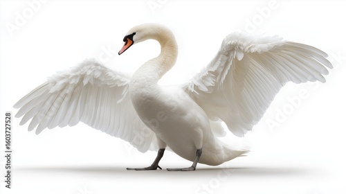 Fototapeta Naklejka Na Ścianę i Meble -  Graceful white swan with open wings and elegant posture isolated against white background highlighting beauty, purity, and wildlife detail, Generative AI