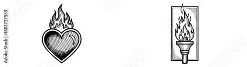 Heart and torch ablaze, vintage emblems. Passion, hope, spirit, fire, symbol, emblem, vintage, flame, graphic, love, energy, belief, strength, badge, spirit, classic