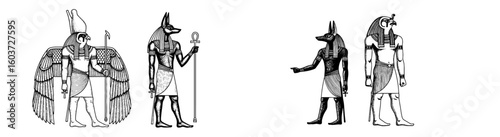 Egyptian gods depicted in ancient art. Mythology, deity, pharaoh, religion, culture, history, anubis, horus, hieroglyph, spiritual, belief, god