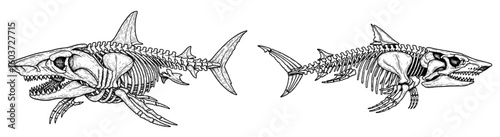 Two shark skeletons face each other. Anatomy drawing, marine life, extinct species, animal bone, evolution, wildlife, vintage, fossil, scientific illustration.
