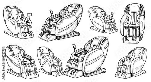 Collection of massage chair illustrations isolated. Relaxation, furniture, comfort, health, wellness, spa, therapy, leisure, recliner, support, design, seating.