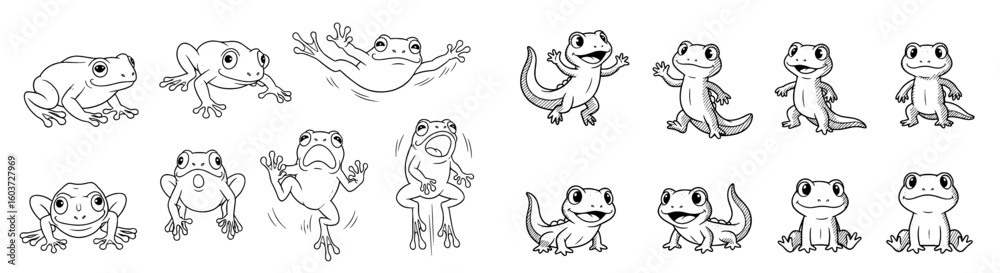 Cartoon frogs and lizards pose. Amphibians, reptiles, wildlife, animal characters, drawing, sketch, outline, cute, happy, mascot, nature, fun Cartoon frogs and lizards pose. Amphibians, reptiles, wildlife, animal characters, drawing, sketch, outline, cute, happy, mascot, nature, fun