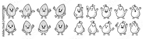 Cartoon almonds and pears display different emotions. Comic characters, funny food, outline, illustration, cute, graphic, design, nutrition, healthy, vegetarian