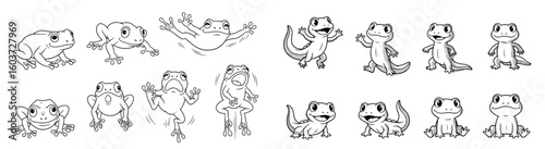 Cartoon frogs and lizards pose. Amphibians, reptiles, wildlife, animal characters, drawing, sketch, outline, cute, happy, mascot, nature, fun