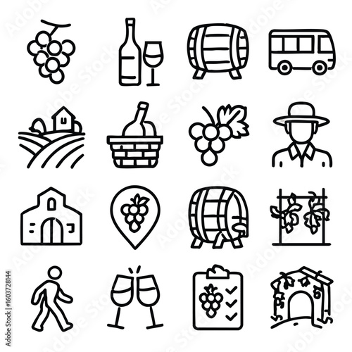 A comprehensive collection of minimalist line icons depicting various elements of wine production, vineyard landscapes, and enjoyable wine tasting experiences.