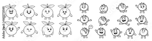 Cartoon fruits with various expressions and poses. Fruits emotions, happy characters, comic drawing, healthy eating.